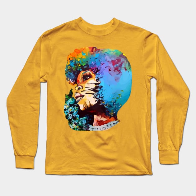 Queen of Afro Hair Spring Flowers Colored Art Long Sleeve T-Shirt by EllenDaisyShop